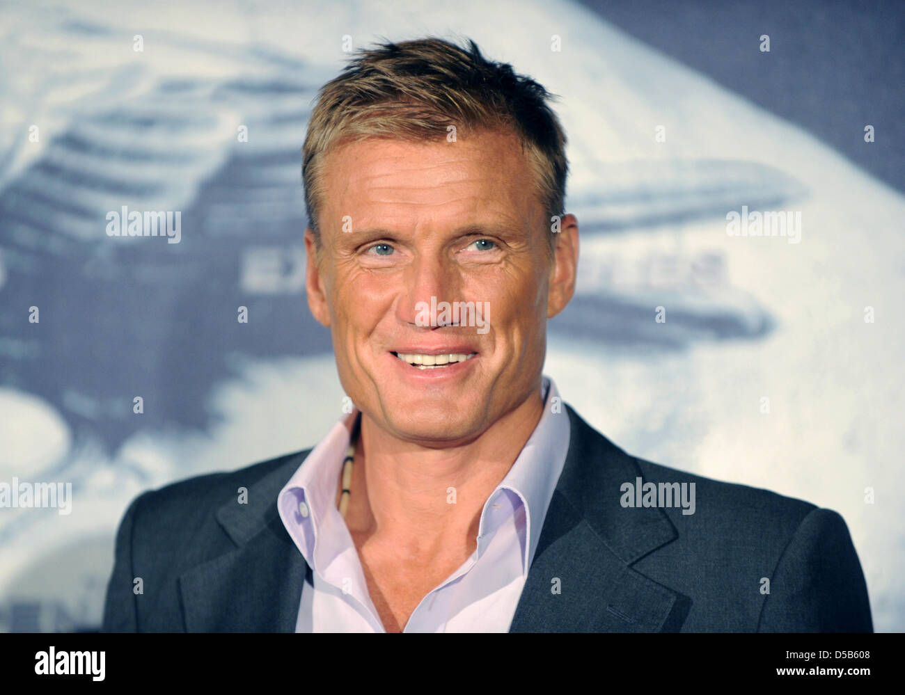 Swedish actor Dolph Lundgren smiles as he promotes his new movie 'The Expendables' in Berlin, Germany, 06 August 2010. The movie will premier 26 August 2010. Photo: Soeren Stache Stock Photo