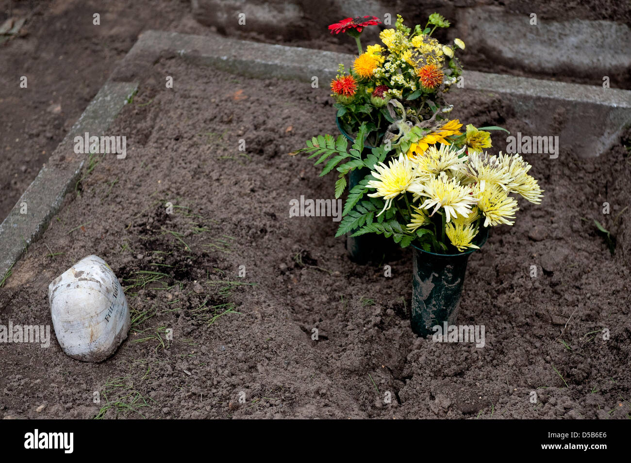 Flowers at the grave of Fritz Teufel, who was main revoluzzers of the 68-movement, in Berlin, Germany, 07 August 2010. Thte same day, a police spokesman states the urn of Fritz Teufel disappeared the previous day comfirming an online report of German daily 'Berliner Morgenpost'. The urn was probably robbed. Photo: Robert Schlesinger Stock Photo