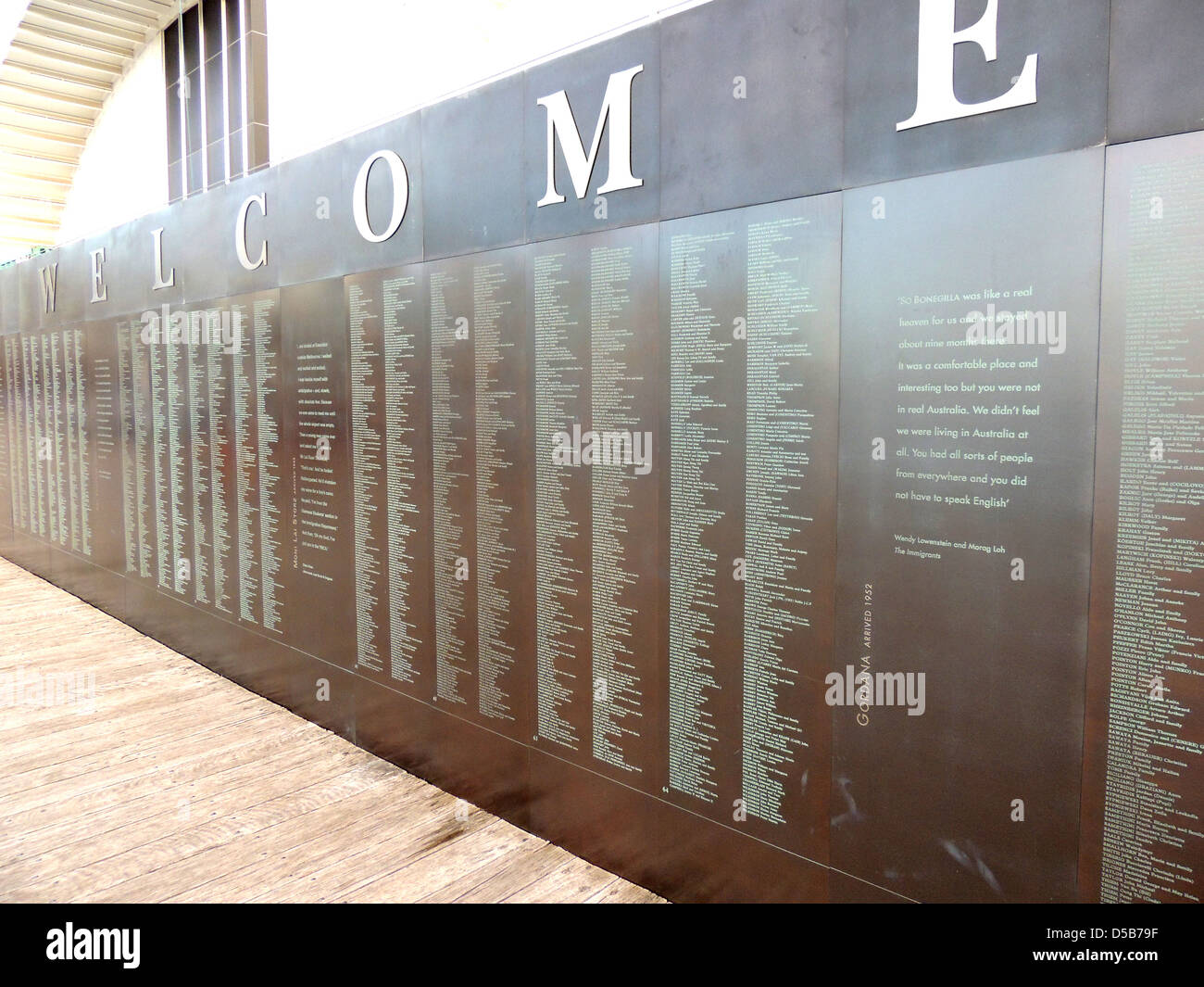 DARLING HARBOUR, Sydney, Australia. Names of immigrants on the Welcome to Australia memorial. Photo Tony Gale Stock Photo