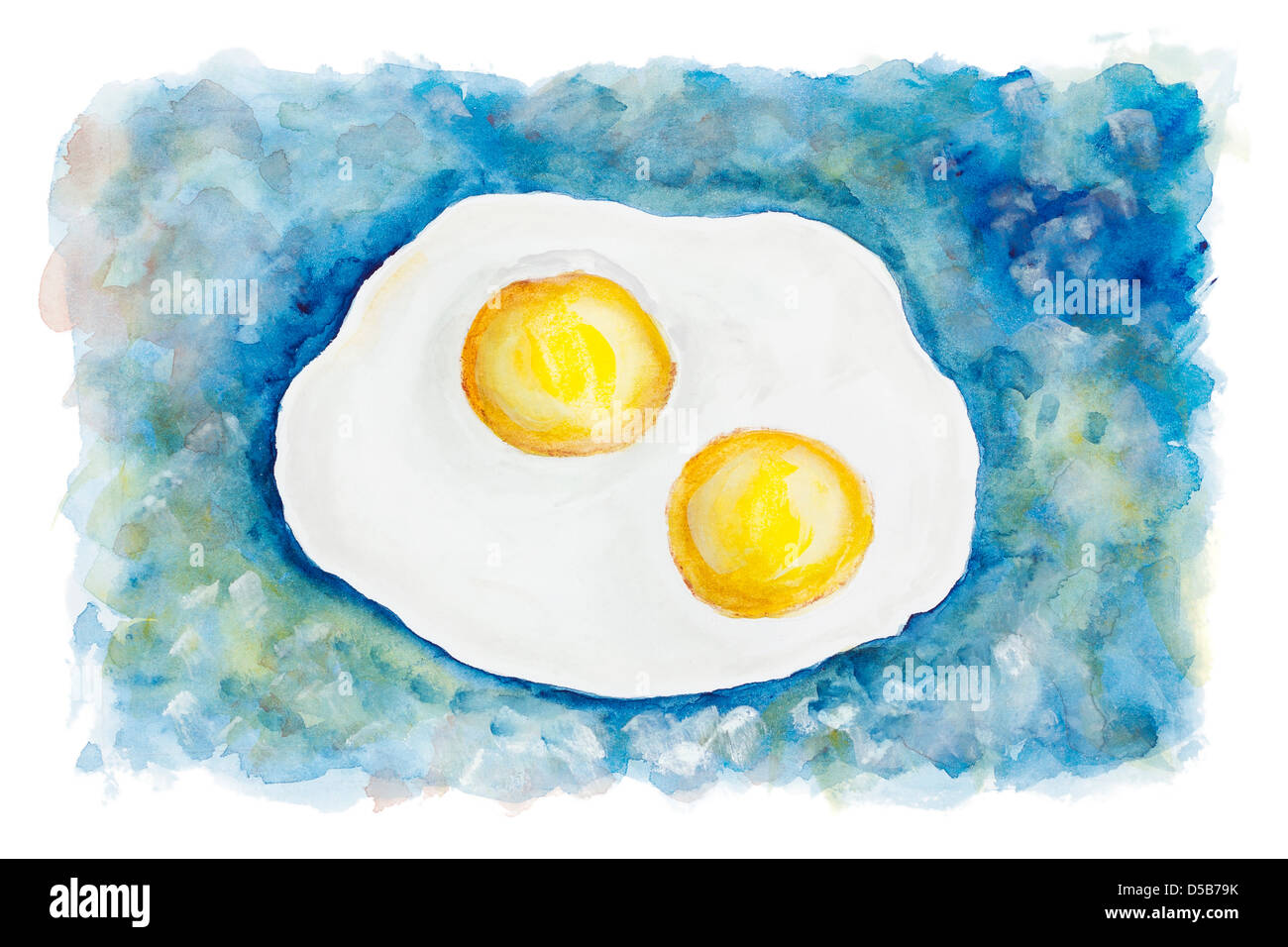 Heavenly flying fried eggs on two persons abstract concept isolated- handmade watercolor painting illustration on a white paper Stock Photo