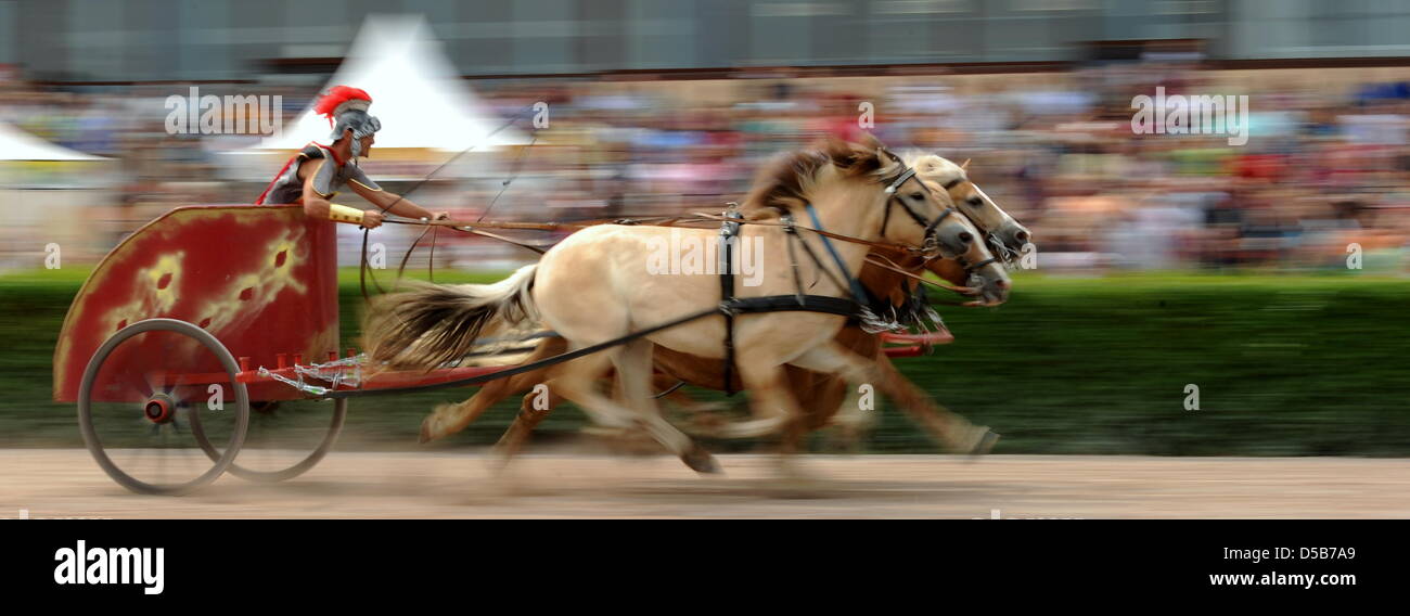 A charioteer races in his chariot as it is dragged by four horses at the harness racing track in Berlin, Germany, 08 August 2010. For the title of the fastest chariot, seventeen participants competed. Photo: Tim Brakemeier Stock Photo