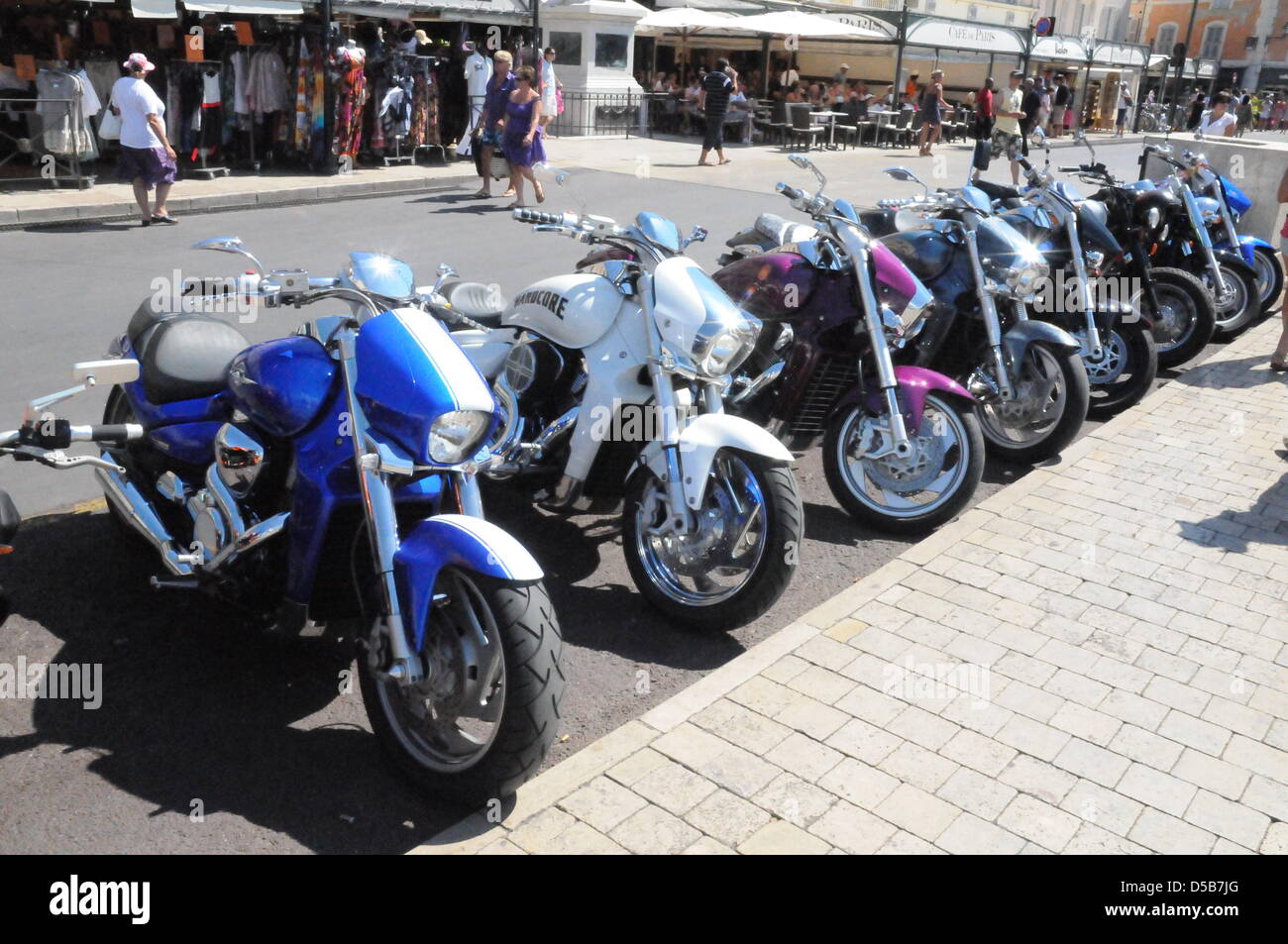 View on motorcycles in Saint-Tropez, France, 08 August 2010. The rich and famous are set to show off at southern France's jet set hotspot again. Photo: Stephan Witte Stock Photo