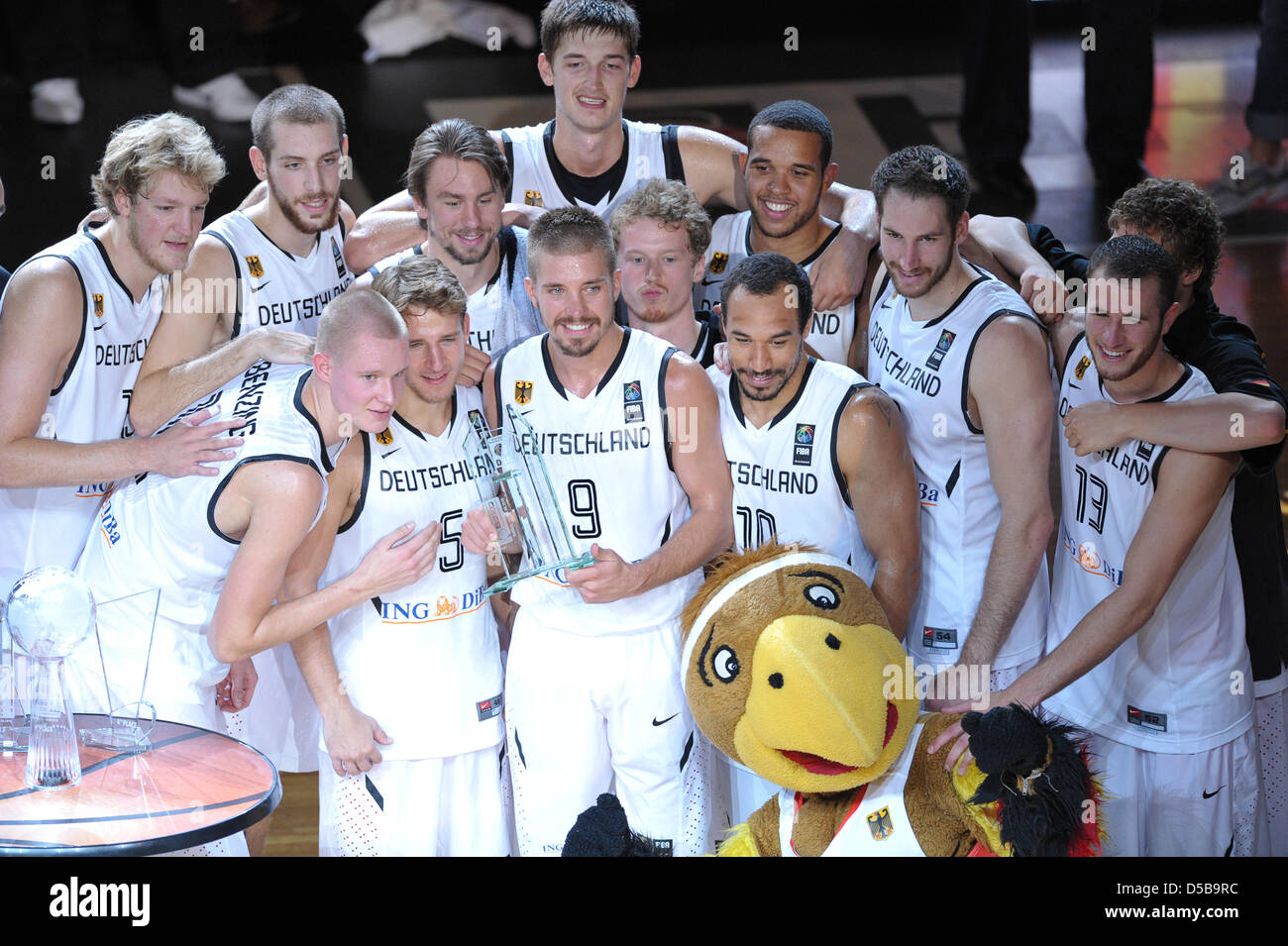 The German national basketball team celebrates its 68-54 win win against  Turkey in the DBB Basketball Supercup in Bamberg, Germany, 15 August 2010.  Lithuania won all three of its games and secured
