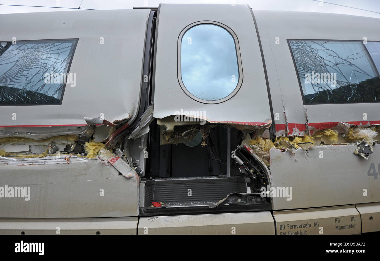 A dust car crasahed with an ICE highspeed train in Lambrecht, Germany, 17 August 2010. Nine people were injured, two of them severly. Photo: RONALD WITTEK Stock Photo