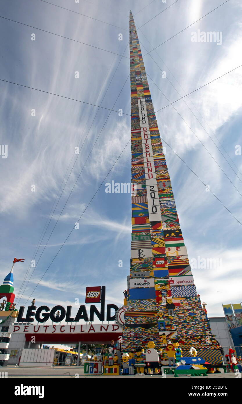 The world s highest Lego tower rises up at Legoland in Guenzburg Germany 20 August 2010. The tower consists of 550 000 Lego bricks is 30.76 metres tall and took four days to build
