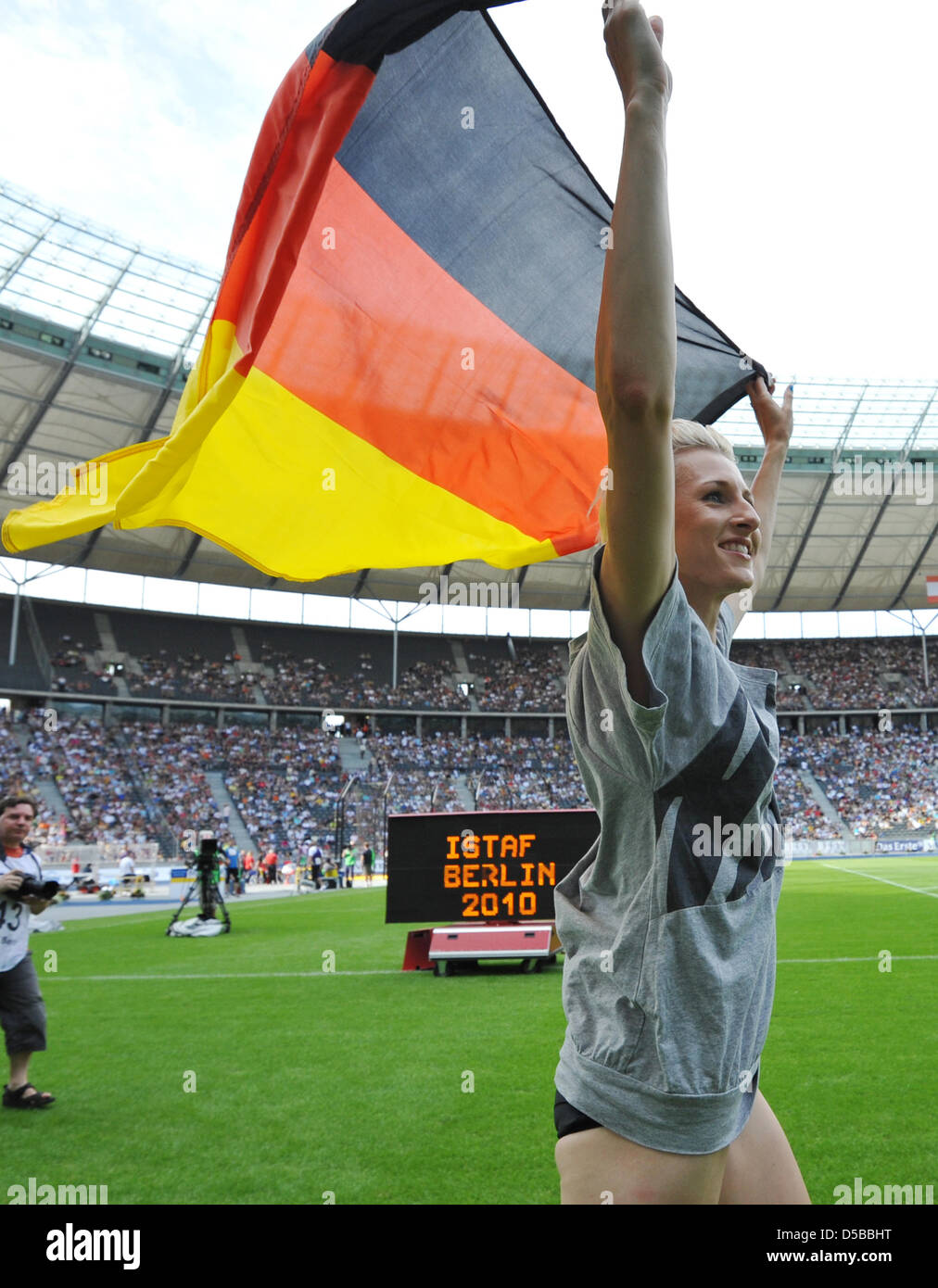 German Ariane Friedrich celebrates her victory of the High Jump competition at the International Stadium Festival ISTAF in Berlin, Germany, 22 August 2010. Photo: Rainer Jensen Stock Photo