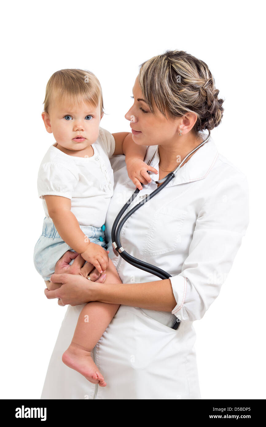kindly pediatrist doctor holding baby on hands Stock Photo