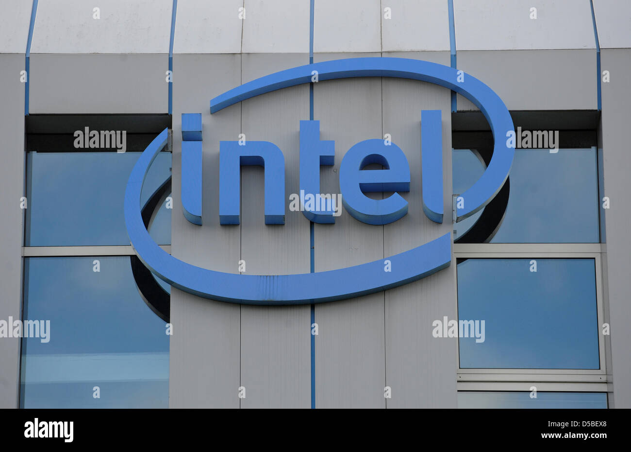 The Intel Logo Adorns The Facade Of The German Company Headquarters Stock Photo Alamy