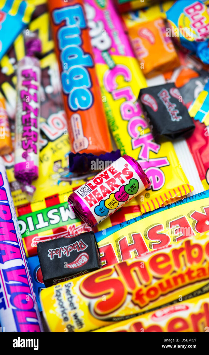 Colourful assorted childrens retro sweets and candy Stock Photo