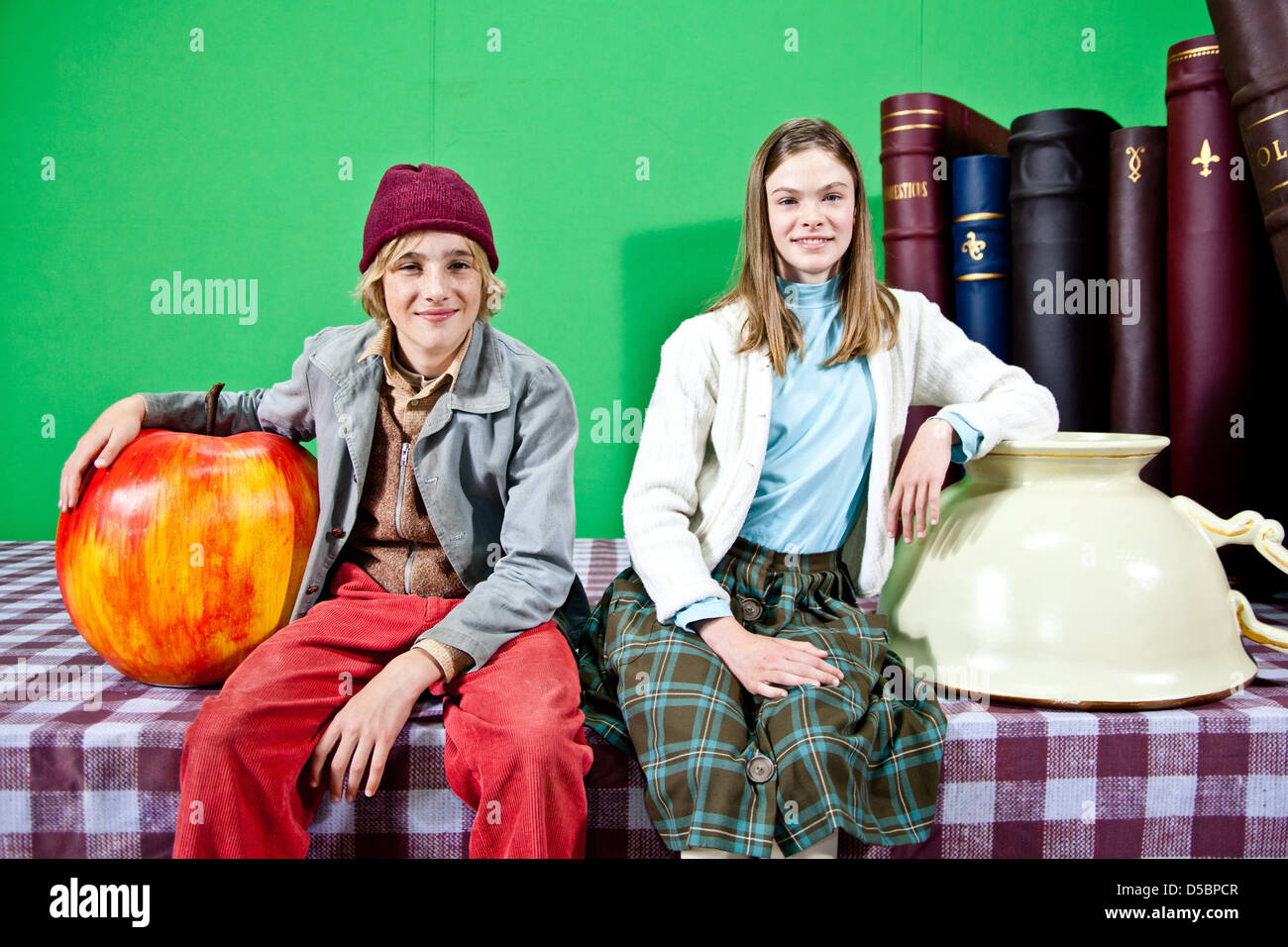Justus Kammerer and Pauline Renevier on the set of German TV movie 'Nils Holgersson' Cinegate studios. Hamburg, Germany - Stock Photo