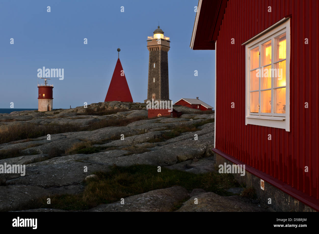 Lighthouse and wooden buildings in Vinga, Gothenburg, Sweden, Europe Stock Photo