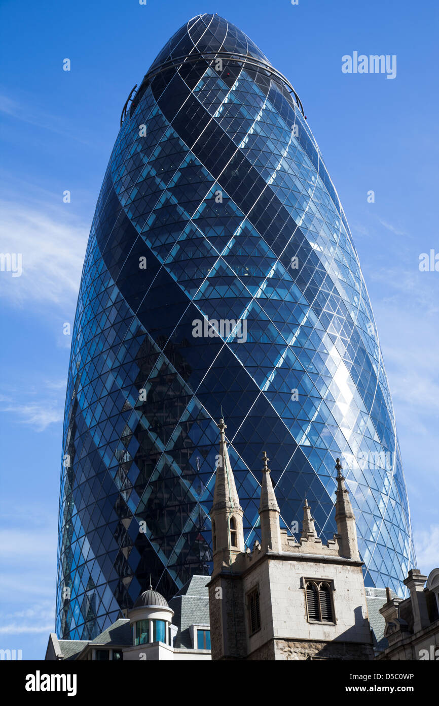 The Gherkin  London  a major landmark building which houses the head office of Swiss Re Stock Photo