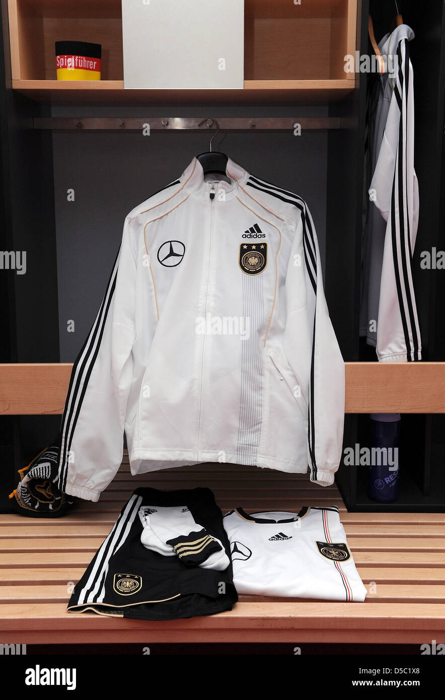 Pants, jersey, jacket and football socks of one German national team player  lay in the dressing room during the shoot of the German national team for  automobile manufacturer Mercedes Benz in Stuttgart,