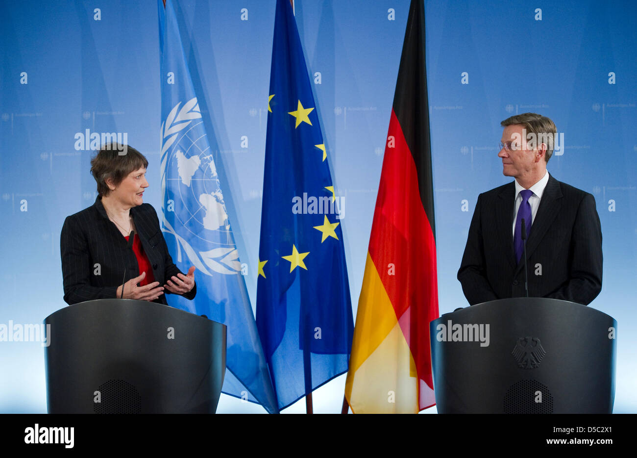 German Foreign Minister Guido Westerwelle and New Zealand Helen Clark, head of the UN Development Programme, give a statement in the Foreign Office in Berlin, Germany, 27 January 2010. Both discussed the current situation of relief measures for Haiti. Photo: ARNO BURGI Stock Photo