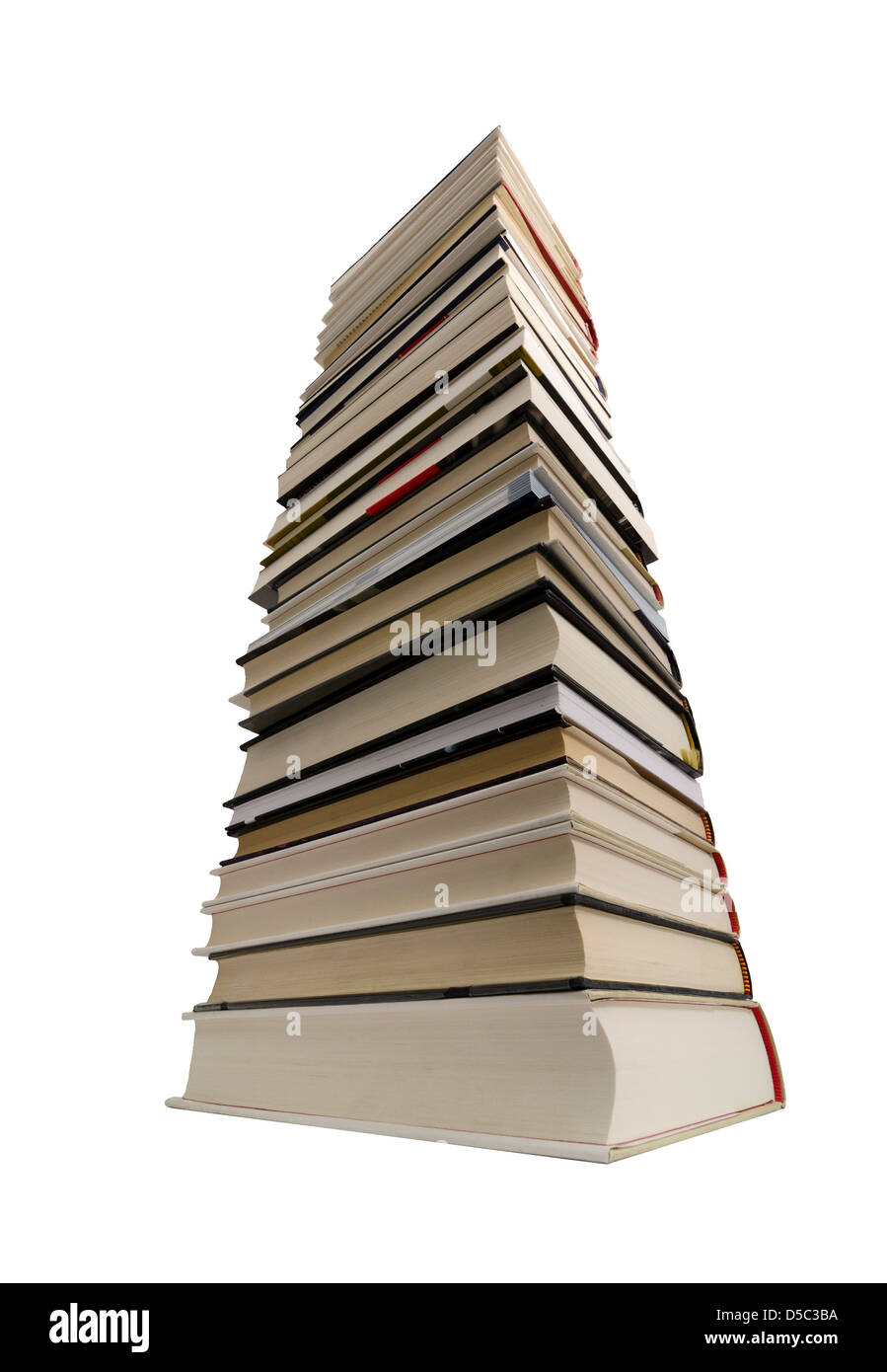 A very tall stack of books. Perspective view that is reminiscent of a skyscraper. Stock Photo