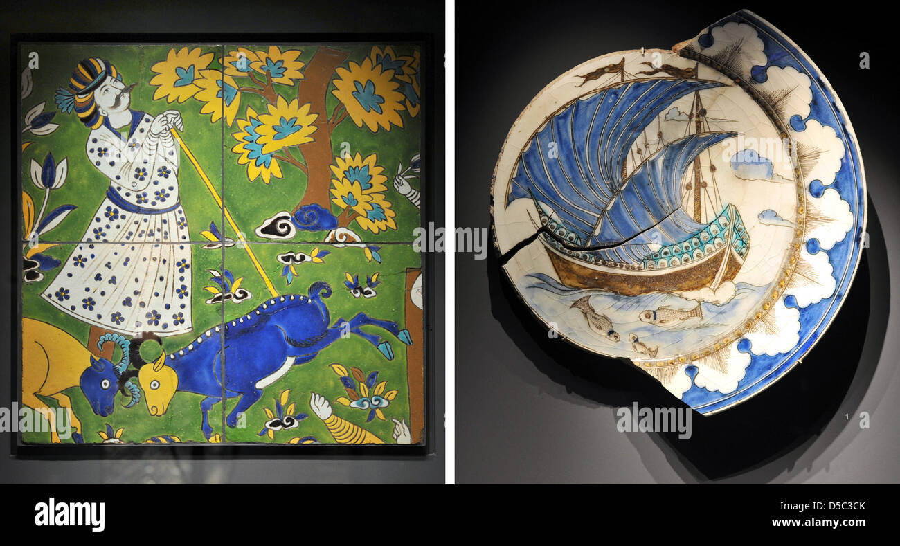 A picture combo of Iranian construction decor (L) and Ottoman-minted pottery dating 17th century forming part of en exhibition in Grassi Museum for Applied Arts in Leipzig, Germany, 28 January 2010. Some 400 first-class exhibits form part of a permanent exhibition 'Asian Art. Impulses for Europe' from 31 January 2010. The exhibits derive from east Asia as well as Islamic minted are Stock Photo