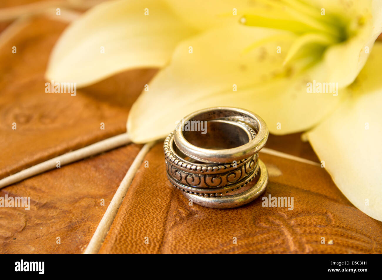 Handmade jewelry from Nepal on leather close up Stock Photo