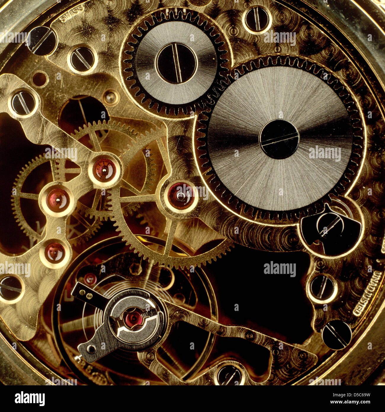Cogs in a watch mechanism, close-up Stock Photo