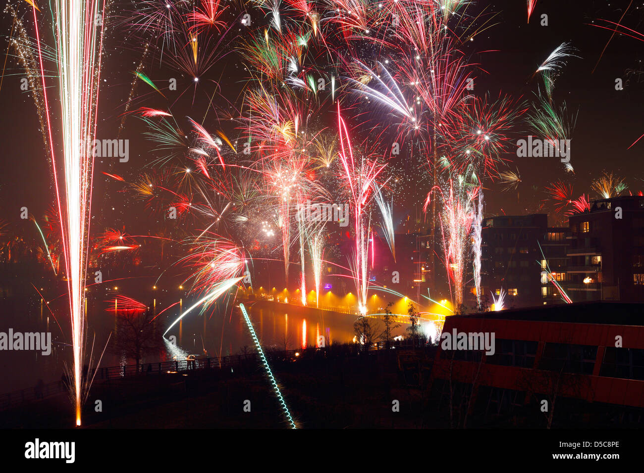 Berlin, Germany, New Year's Eve fireworks over the Lake Rummelsburg 2011/2012 Stock Photo