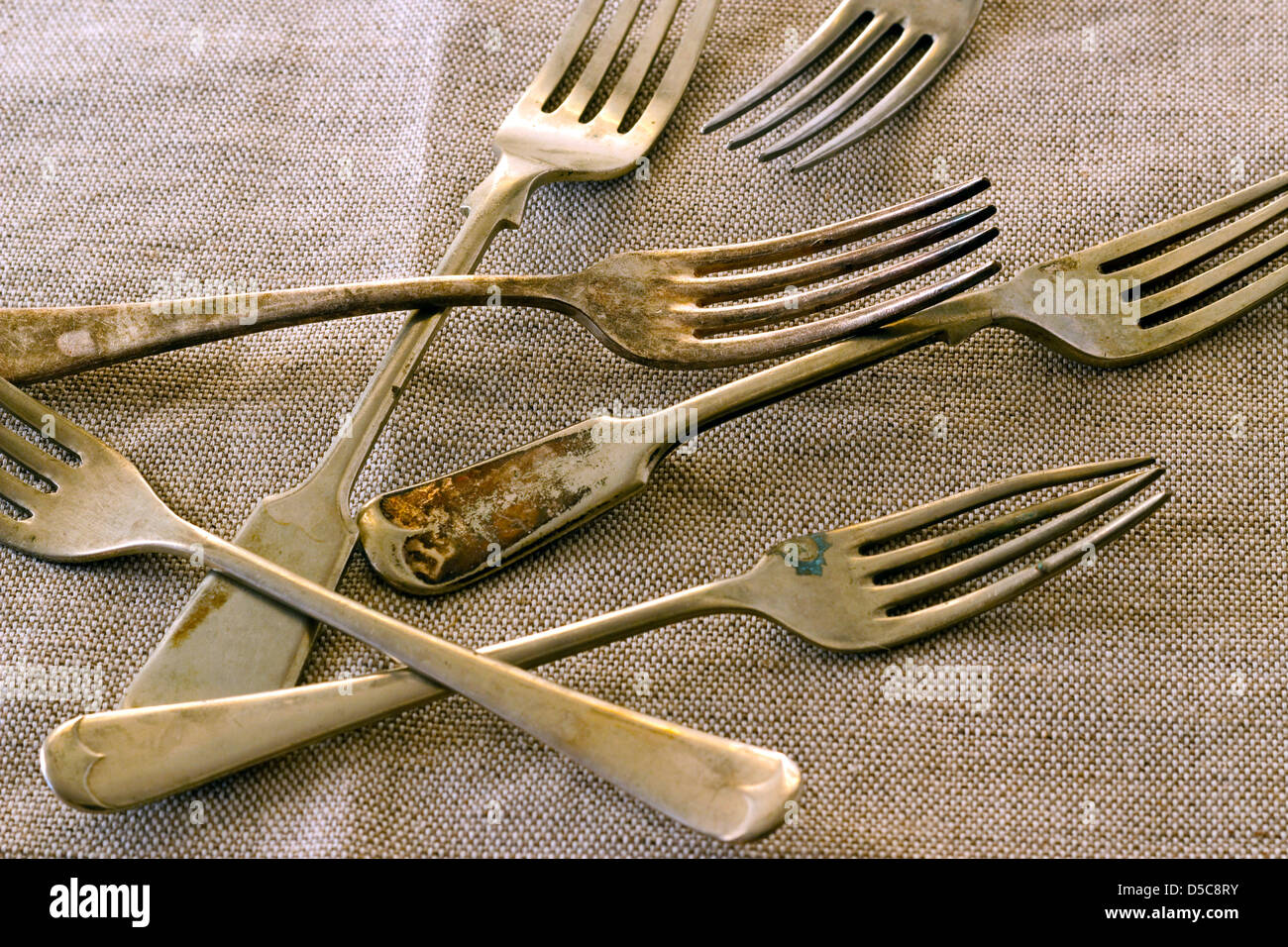 Antique set of silver forks Stock Photo Alamy
