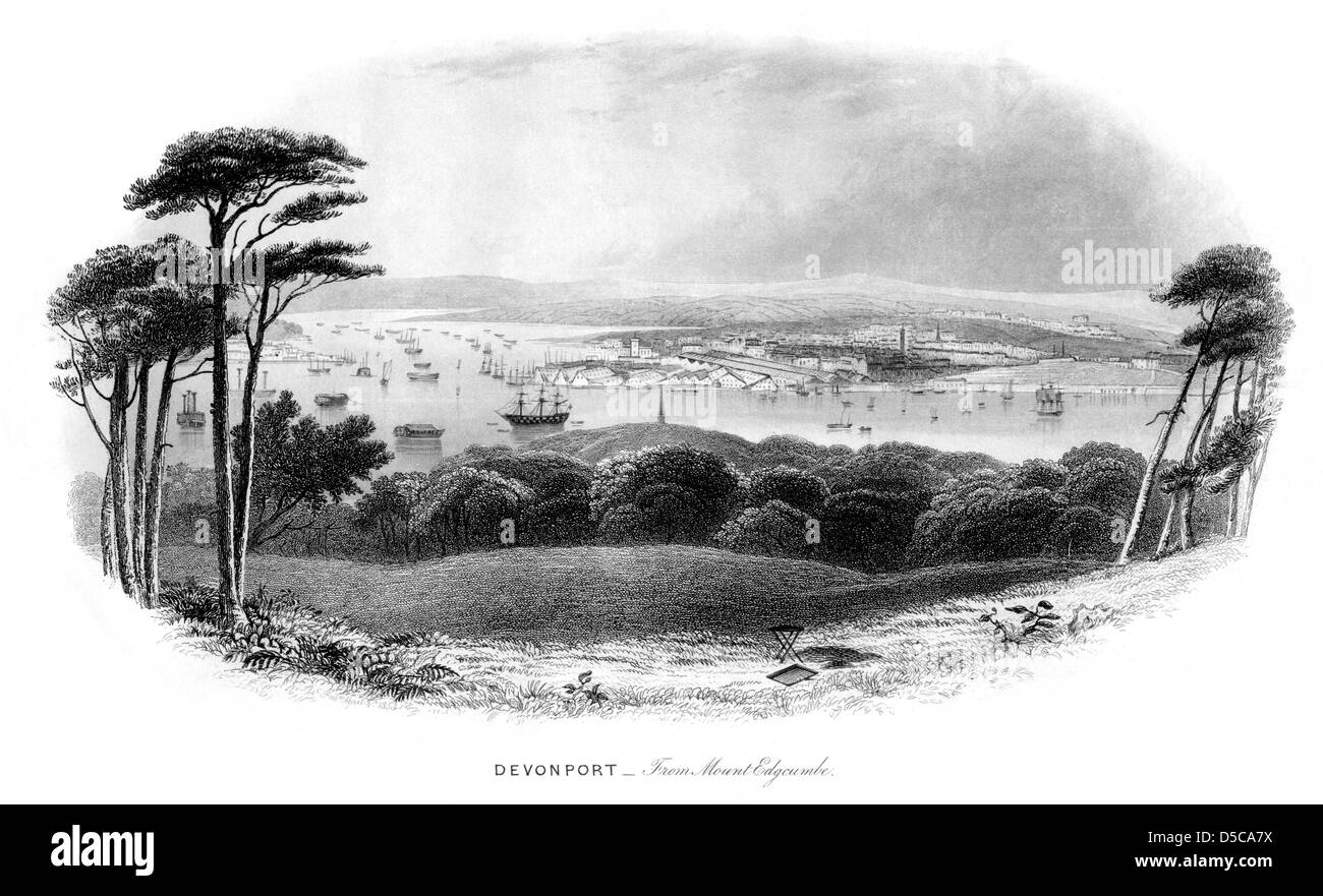 An 1850s engraving of Devonport - From Mount Edgcumbe scanned at high resolution from the original booklet. Stock Photo