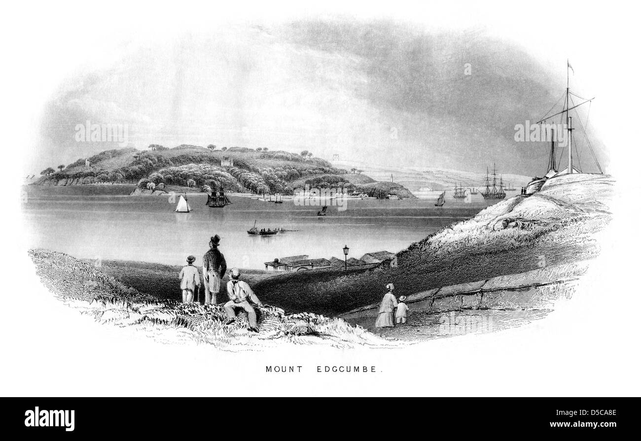 An 1850s engraving of Mount Edgcumbe scanned at high resolution from the original booklet. Believed copyright free. Stock Photo