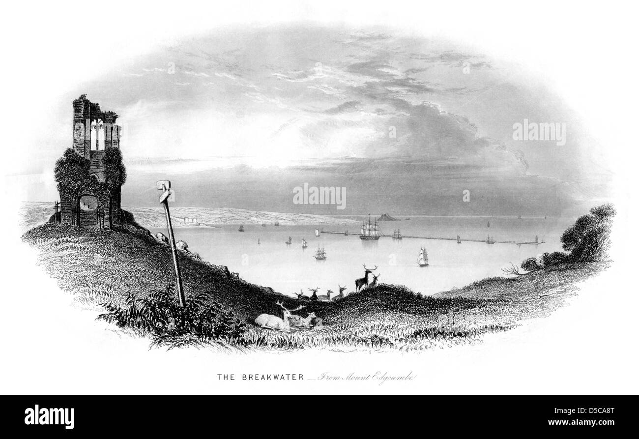 An 1850s engraving of The Breakwater - From Mount Edgcumbe scanned at high resolution from the original booklet. Stock Photo