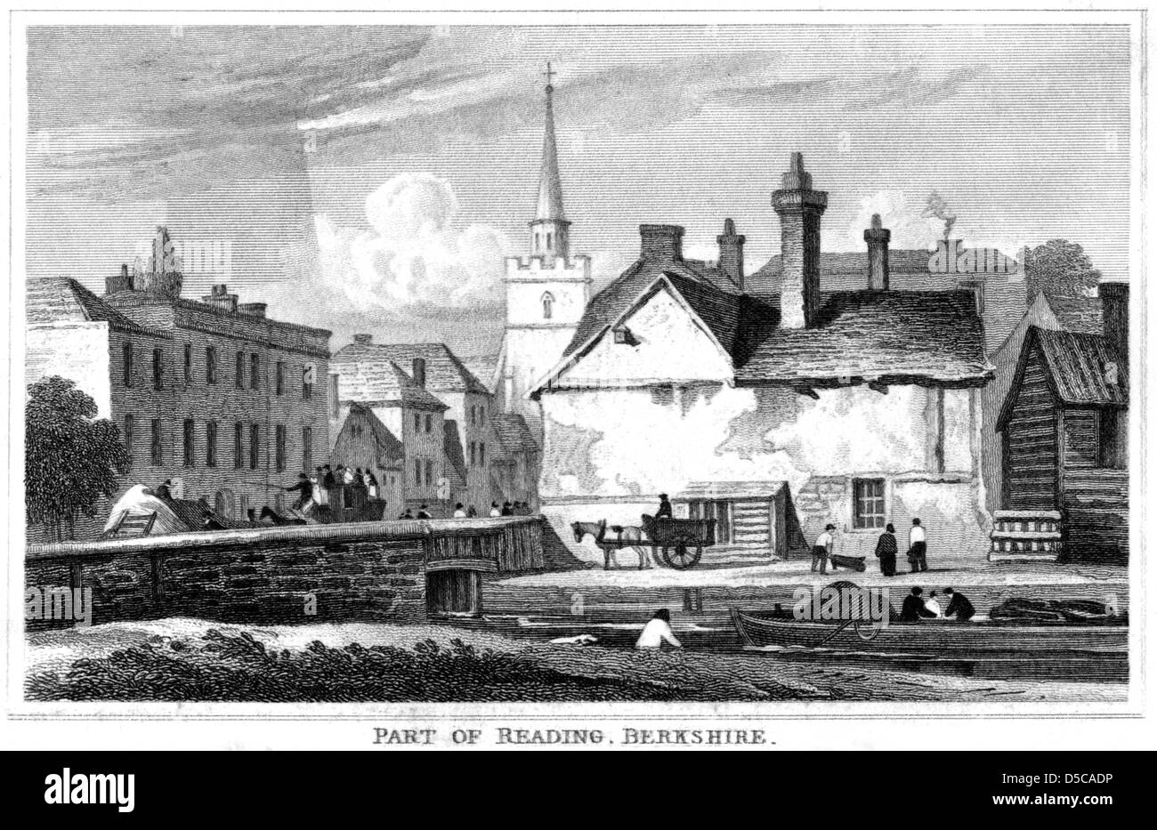 An engraving entitled ' Part of Reading, Berkshire ' UK scanned at high resolution from a book published in 1825. Believed copyright free. Stock Photo