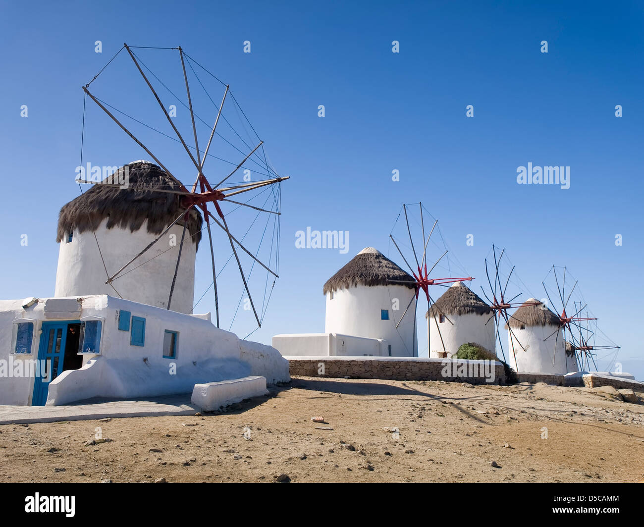Four mills in the Greek island of Mykonos Stock Photo