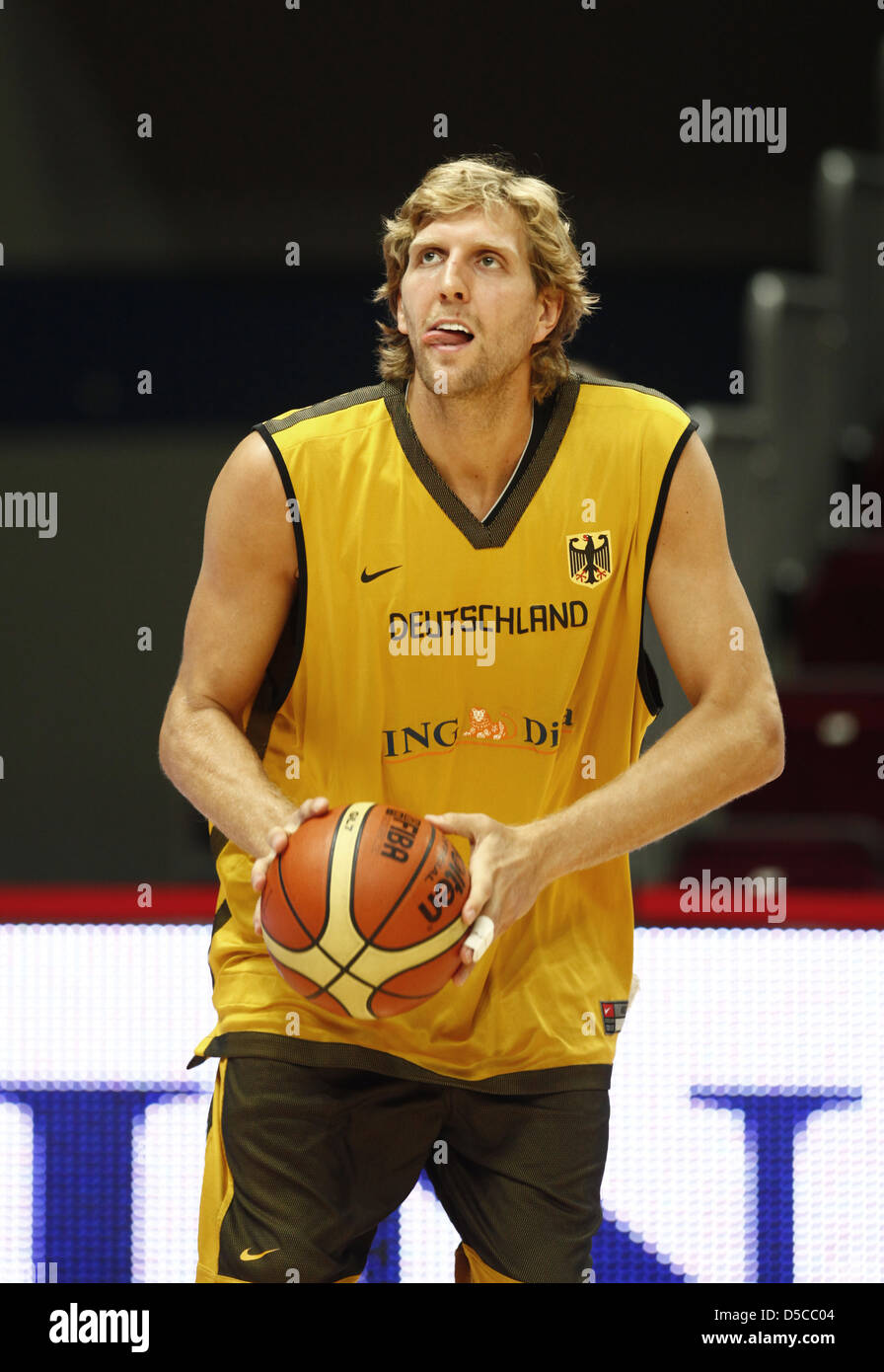 Dirk Nowitzki during training with the German basketball team Bremen Arena, day before the match against Bosnia and Stock Photo
