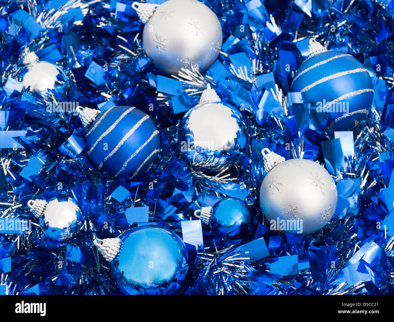 Blue and silver christmas balls on a ribbon background Stock Photo - Alamy