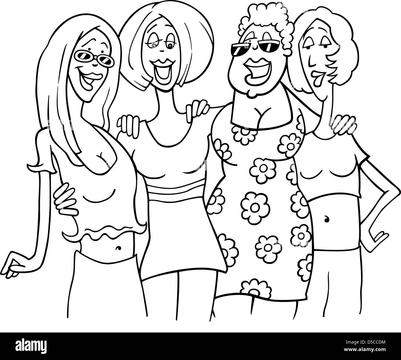 Black and White Cartoon Illustration of Four Women Friends Meeting Stock Photo
