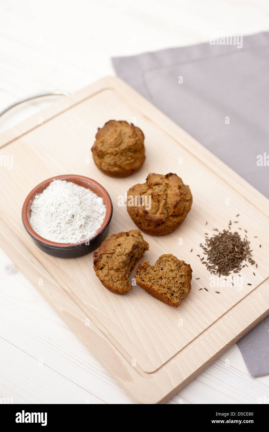 Freshly baked Rye and Caraway seed muffins Stock Photo