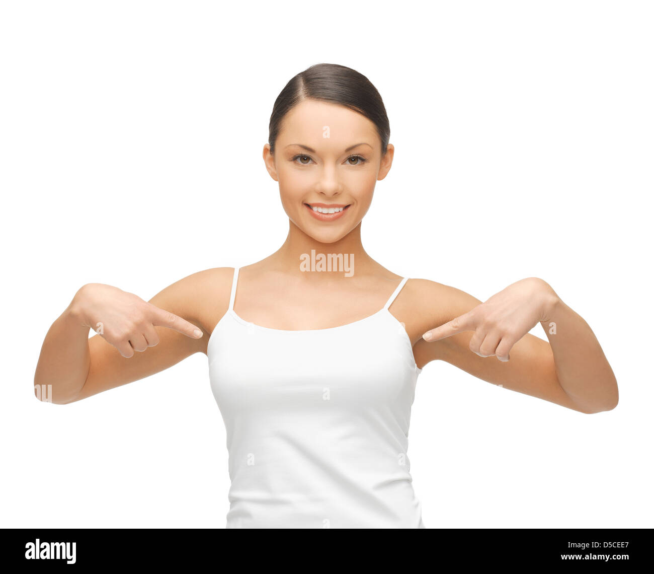 woman in blank white tshirt pointing at herself Stock Photo Alamy