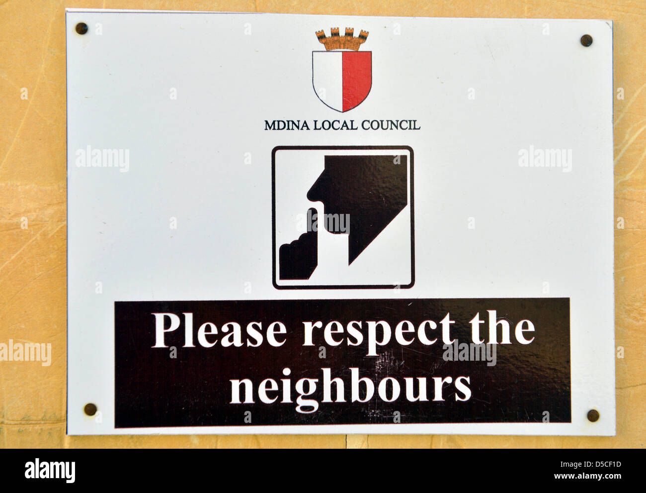 Quiet please respect the neighbours sign, Mdina, Malta. Stock Photo