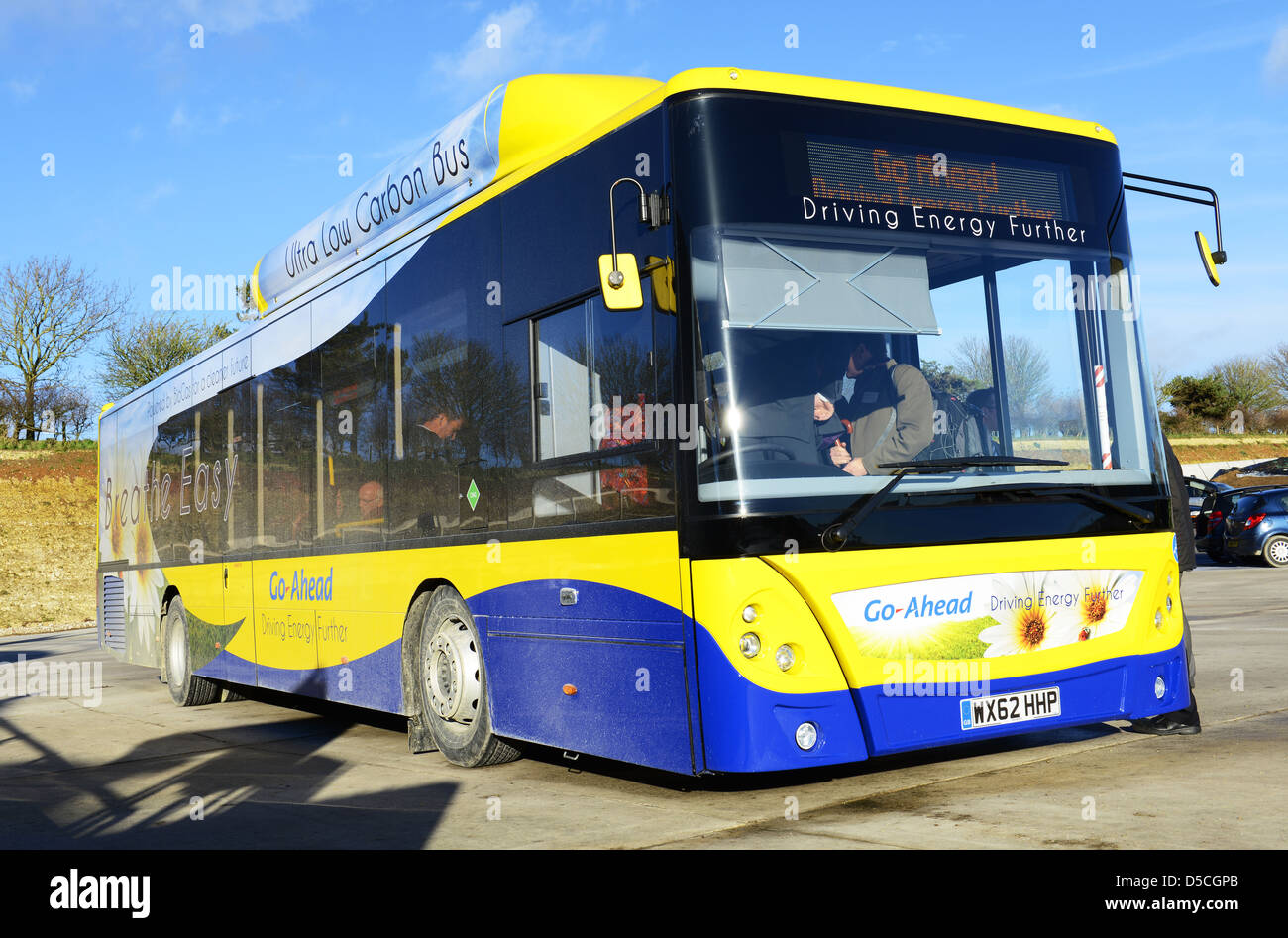 Low carbon bus. Environmentally friendly public transport, UK Stock Photo