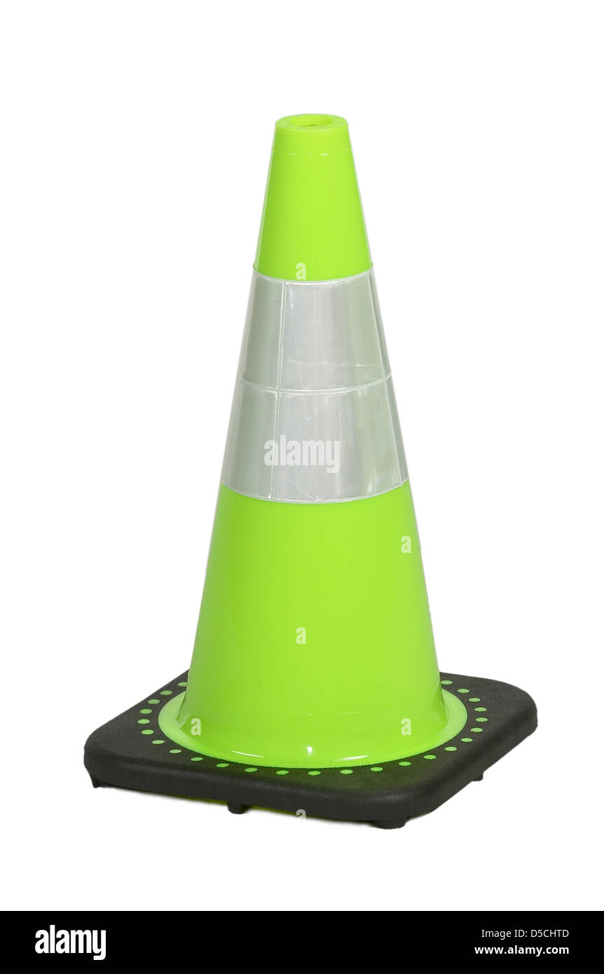 Green Traffic Cone With Sign Stock Photo