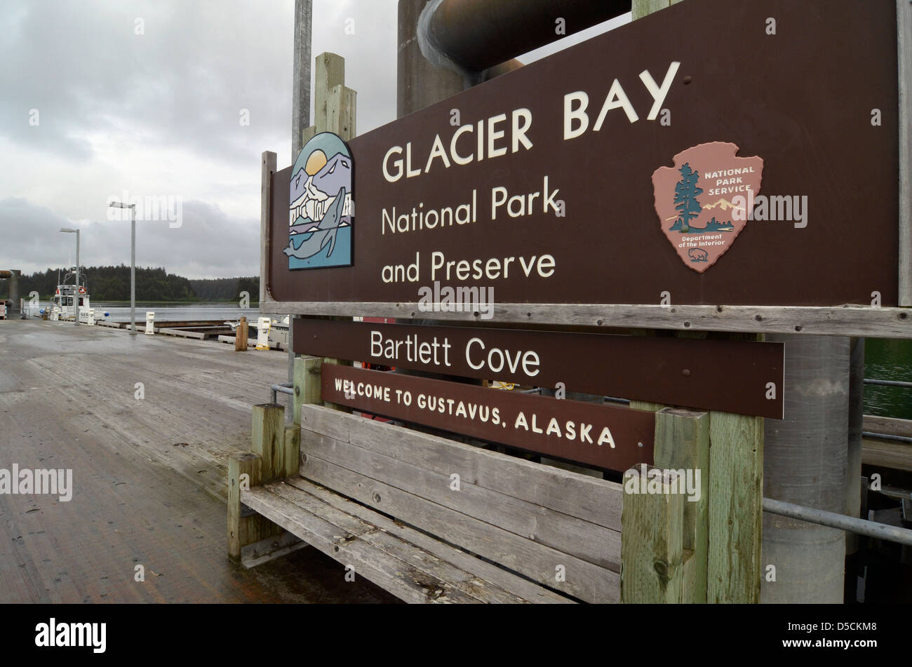 National Park Service sign on the dock at Bartlett Cove in Glacier Bay National Park, Alaska. Stock Photo