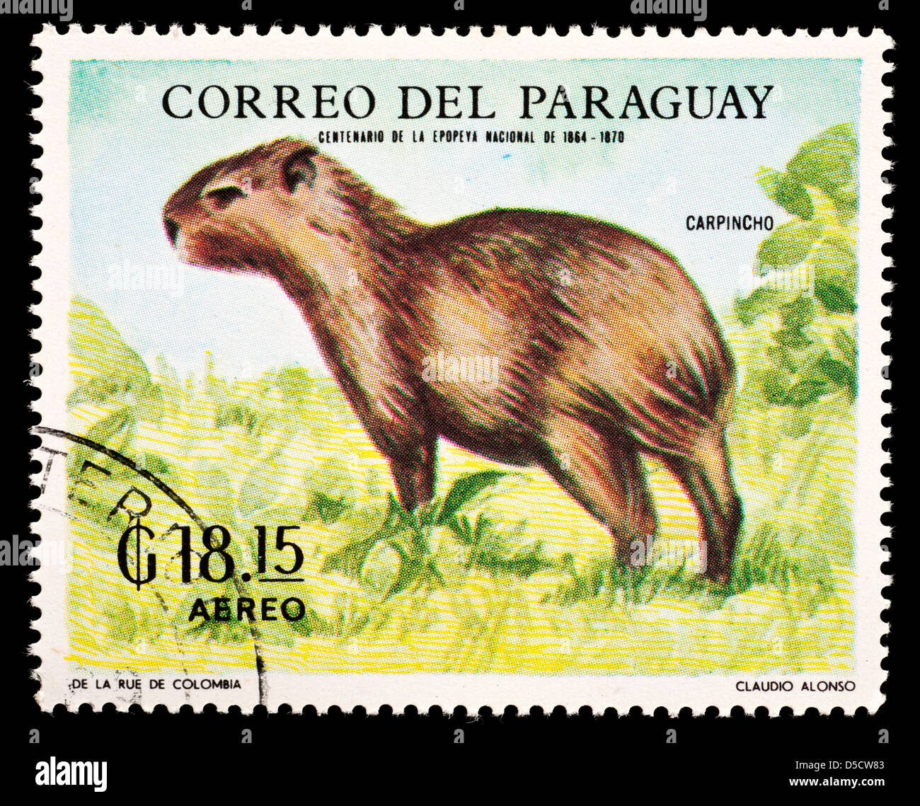 Postage stamp from Paraguay depicting a capybara (Hydrochoerus hydrochaeris) Stock Photo
