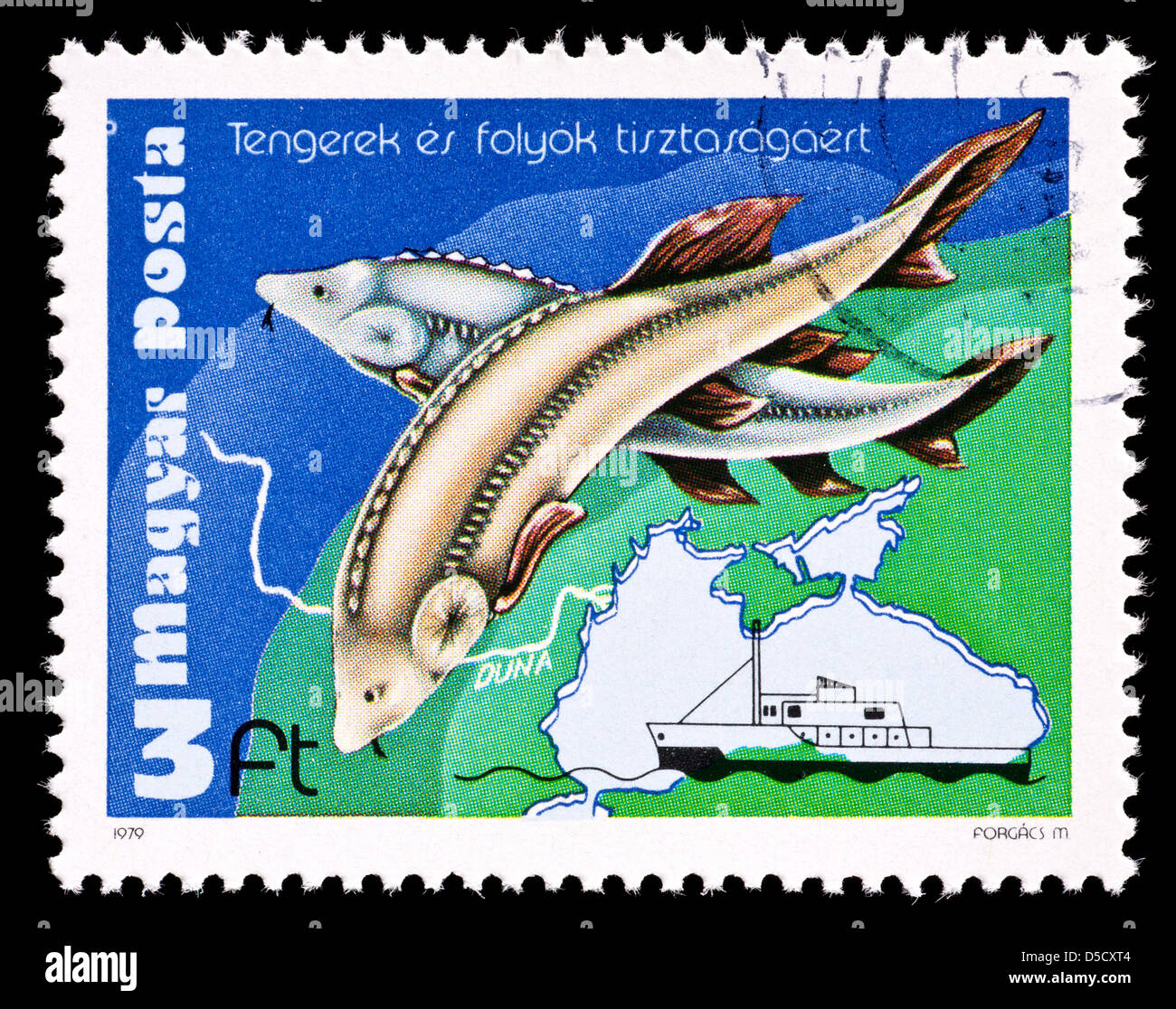 Postage stamp from Hungary depicting sturgeons, a map of the Danube river and the ship Calypso, for environmental protections. Stock Photo