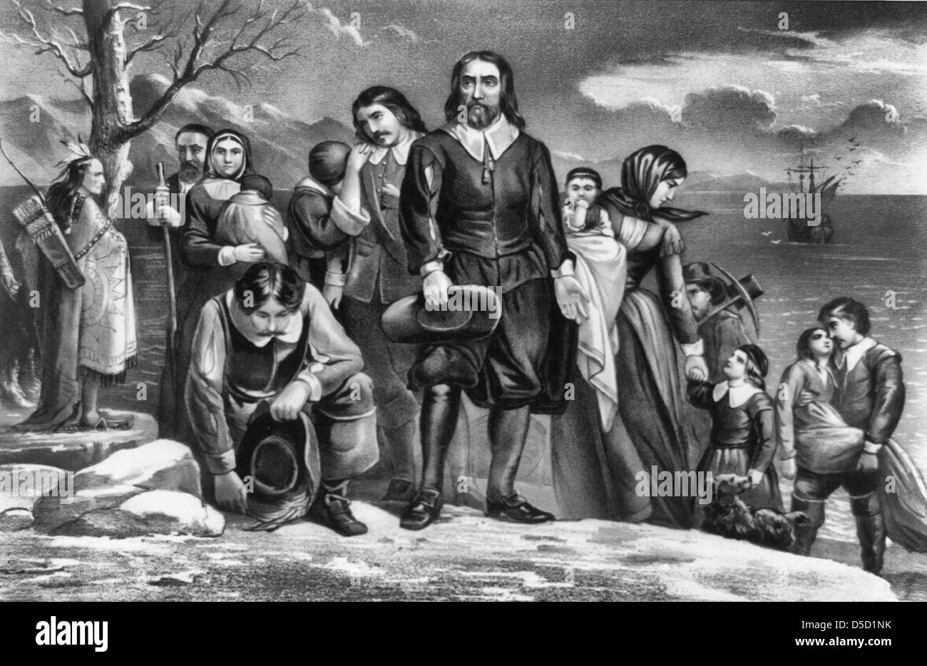 First arrival on land of a small group of Pilgrims; they are met by a Native standing on the left, wearing snowshoes. The Mayflower is anchored offshore on the right. Dec. 22nd 1620 Stock Photo