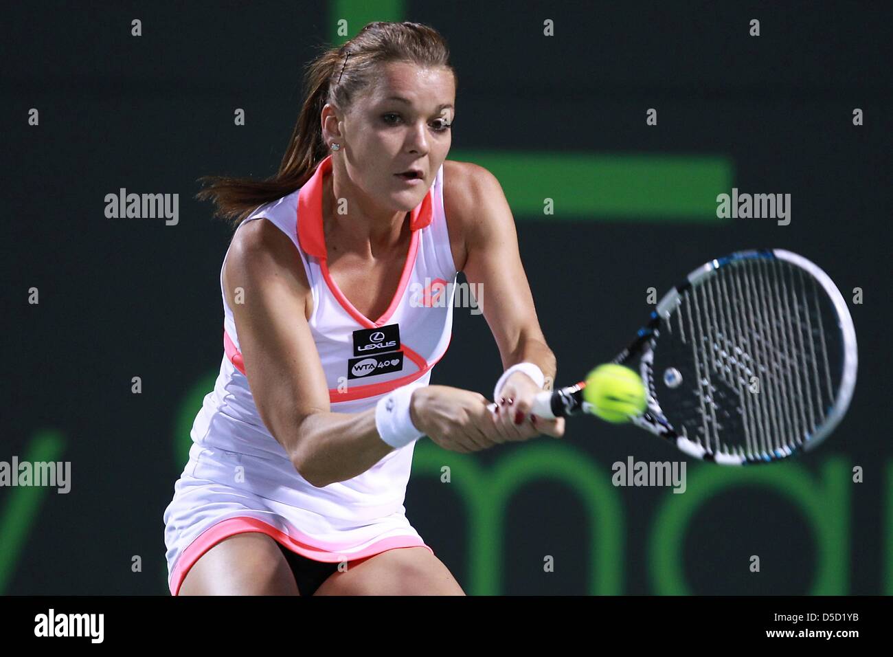 Miami, Florida, USA. 28th March 2013. Agnieszka Radwanska of Poland in action against Serena Williams of USA during their semi final match at the Sony Open at Crandon Park Tennis Center on March 24, 2013 in Key Biscayne, Florida. (Credit Image: Credit:  Joe Scarnici/ZUMAPRESS.com/Alamy Live News) Stock Photo