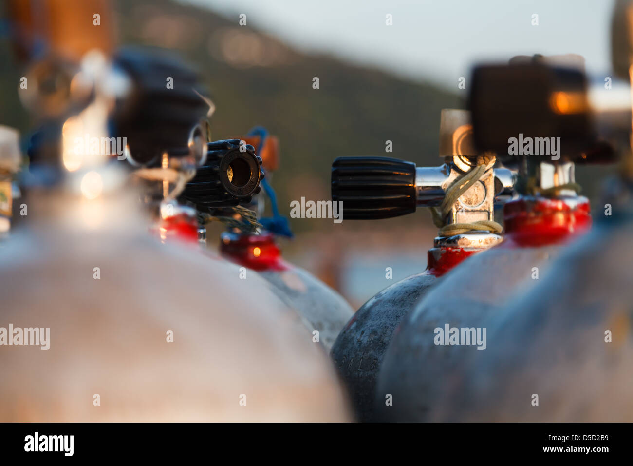 Close up valve of oxygen tank for scuba diving with shallow depth of field Stock Photo