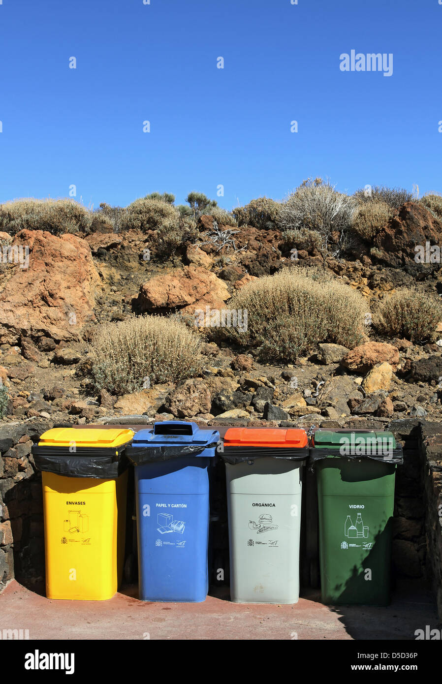 Santiago del Teide, Spain, trash cans in the Parque Nacional de las Canadas del Teide Stock Photo