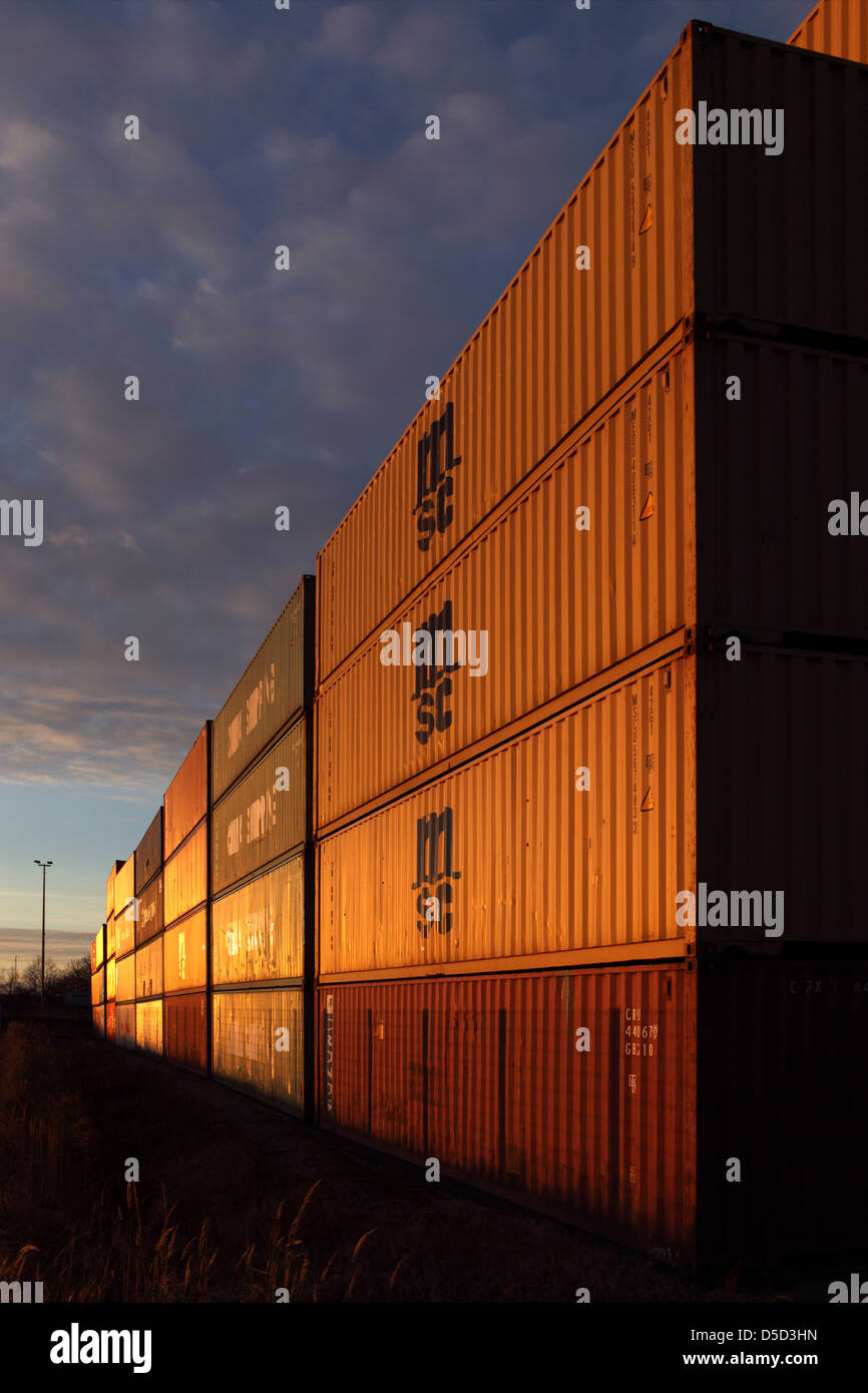 Ludwigsfelde, Germany, stacked cargo containers in the industrial park Ludwigsfelde-Ost Stock Photo