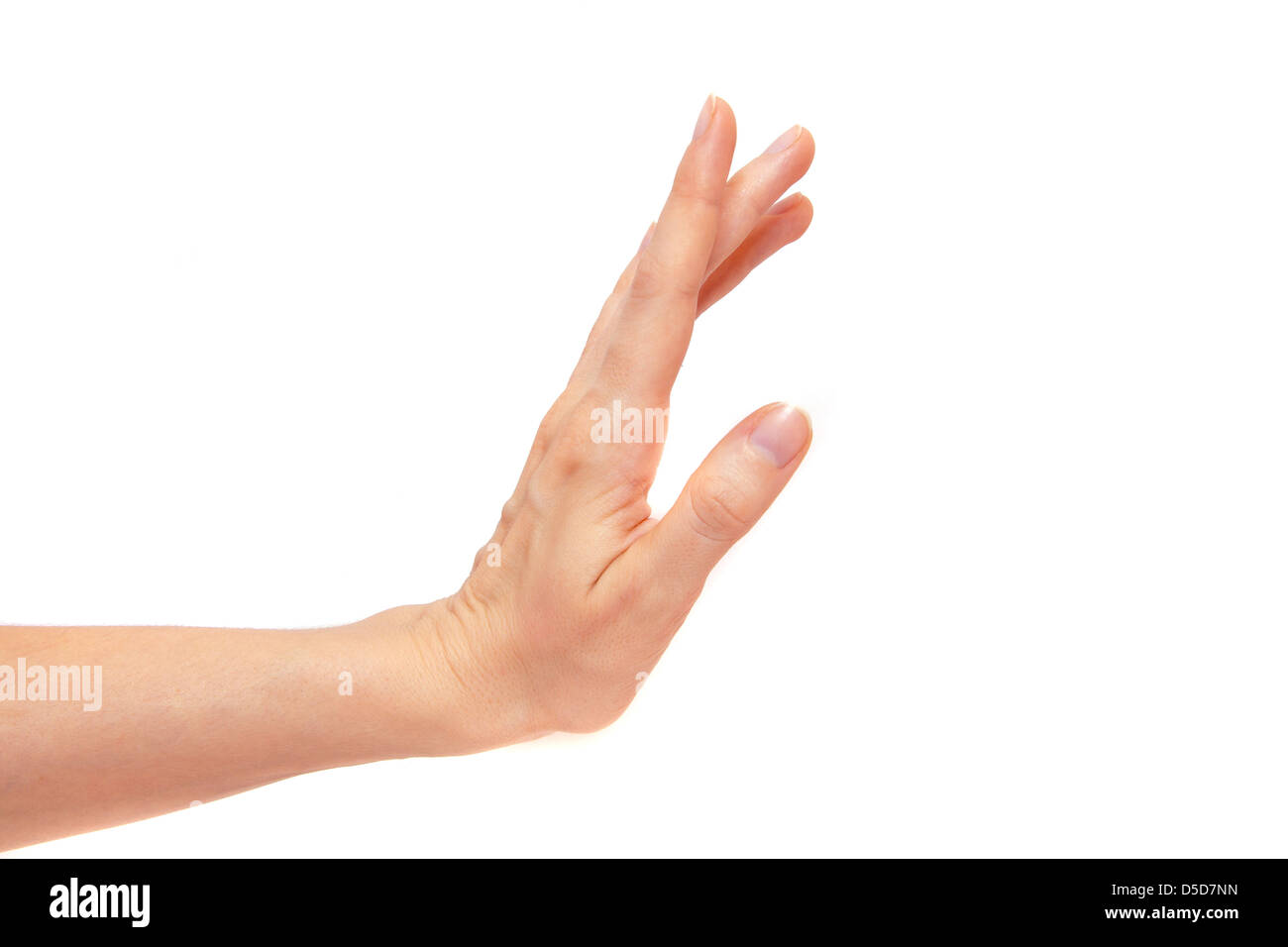 Stop hand gesture by female hand isolated on white background Stock Photo