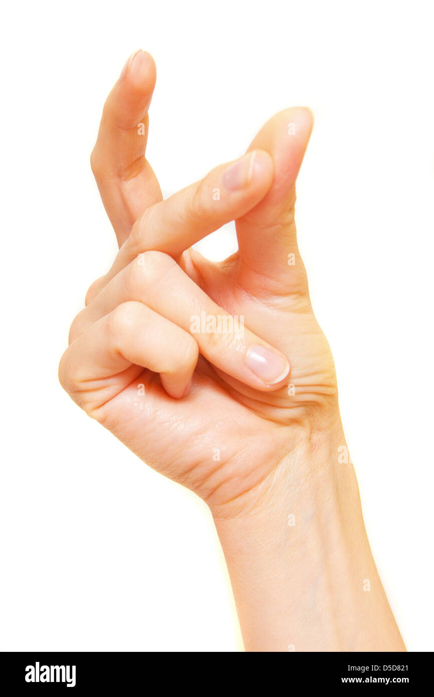 Female snapping hand isolated on white background Stock Photo