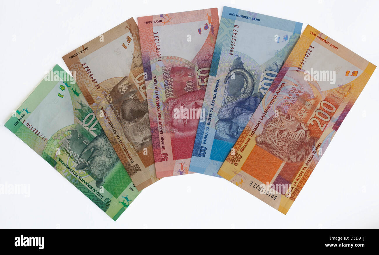 South African Banknotes - launched November 2012 showing Nelson Mandela and a big five animal theme on the reverse side Stock Photo