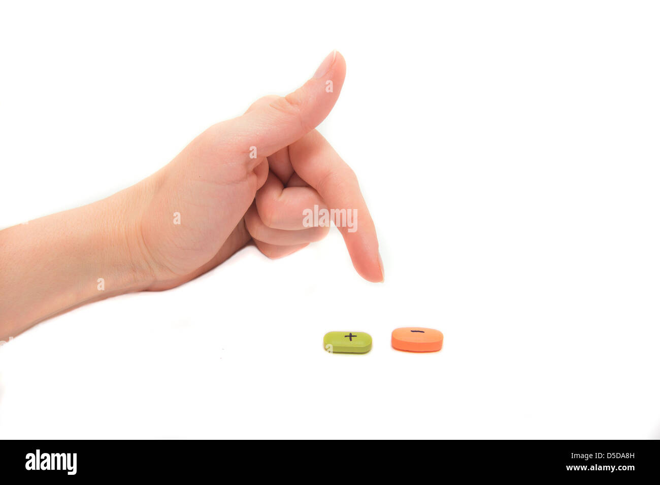 Tablets with plus and minus sign and female hand isolated on white. Choice concept. Stock Photo