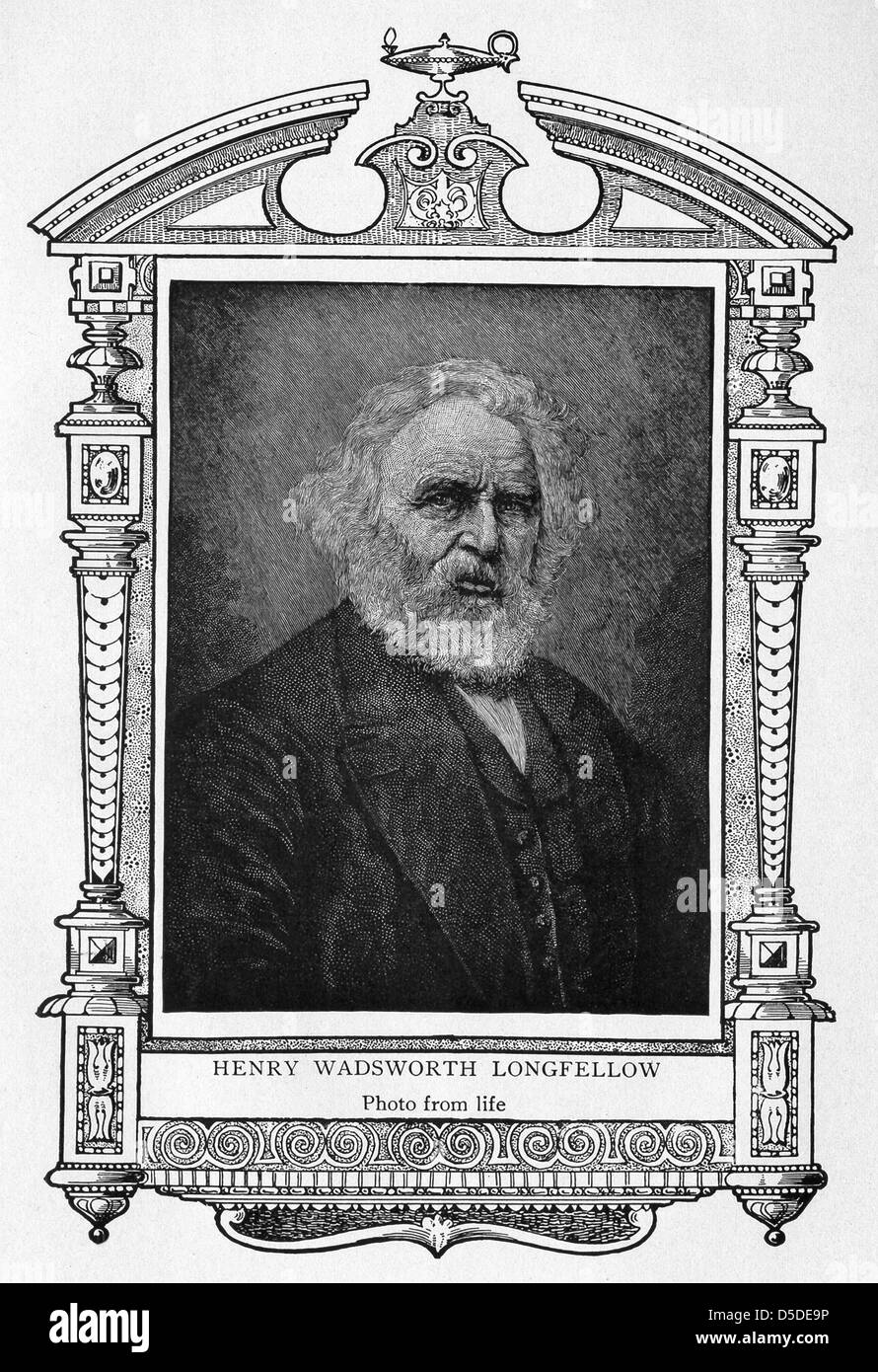 Henry Wadsworth Longfellow, an American poet and educator, wrote Paul Revere's Ride, Hiawatha,and Evangeline. Stock Photo